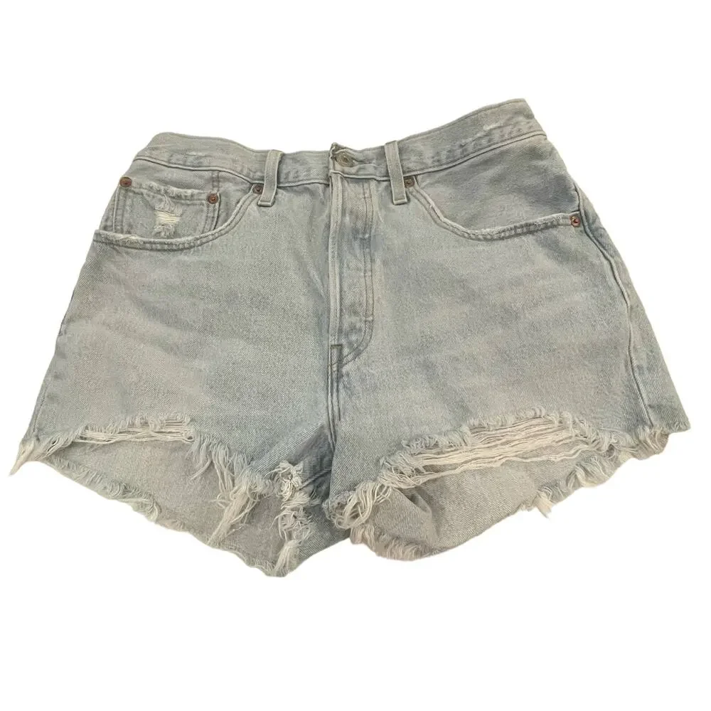Levis 501 Premium Womens 30 High Rise Distressed Button Fly Light Wash Shorts - Picture 3 of 9